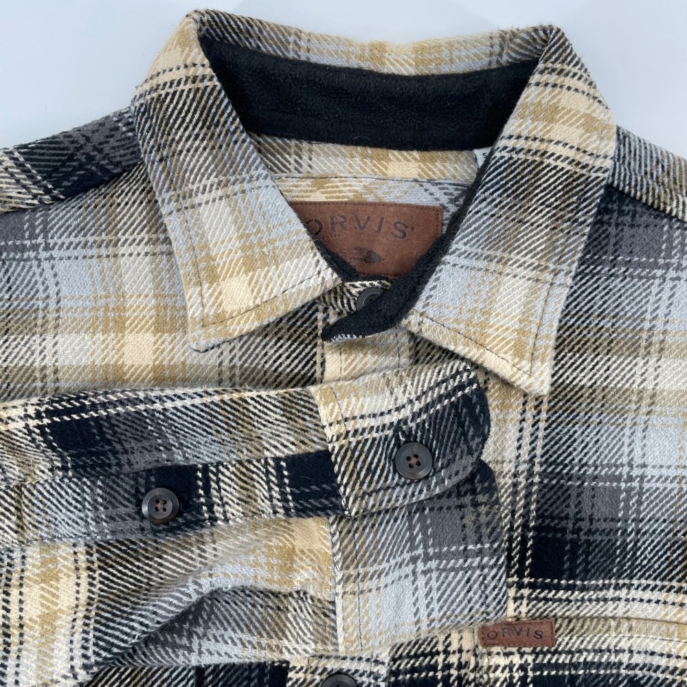 Orvis Men's Small Plaid Flannel Shirt Grey Tan Shacket Lined Collar Cotton L/S